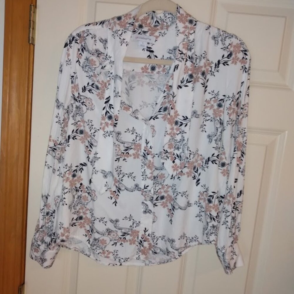 Liz Claiborne: White with beige and black flower print long sleeve blouse.